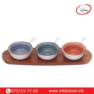 Керамички сет 3 чинии со дрвена подлога и рачки ек254-42